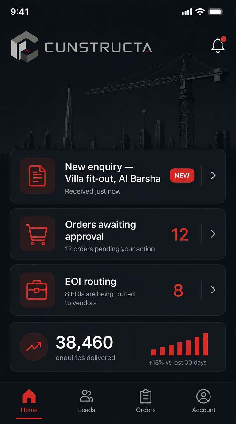 Cunstructa mobile app dashboard showing leads, orders and enquiries