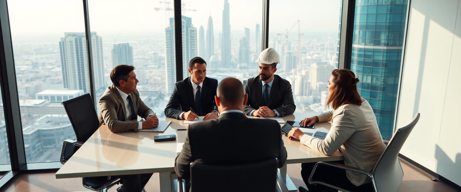 Construction executives meeting above the Dubai skyline