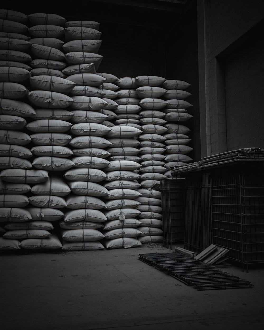 Warehouse stacked with cement bags and rebar